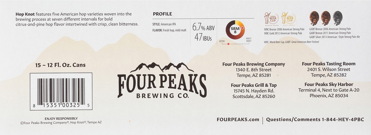 slide 2 of 8, Four Peaks Brewing Four Peaks Hop Knot IPA Craft Beer, 15 Pack Beer, 12 FL OZ Cans, 15 ct