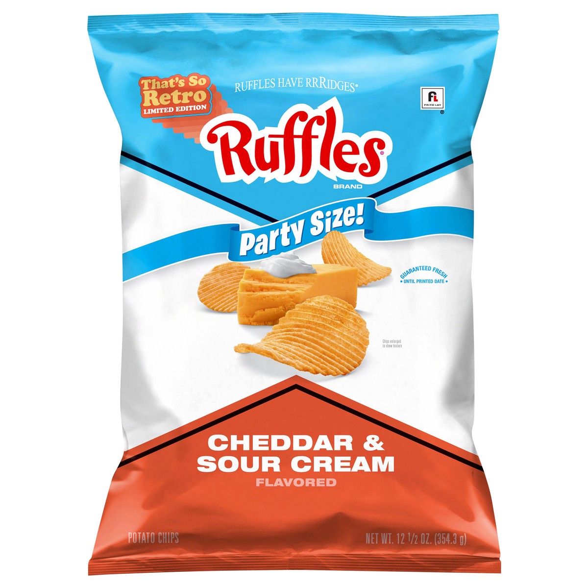 slide 8 of 8, Ruffles Potato Chips, Cheddar & Sour Cream Flavored, Party Size,, 12.5 oz