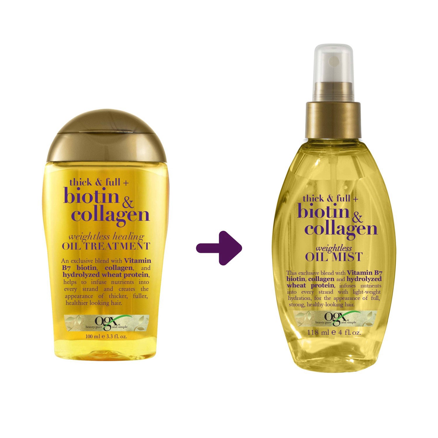 slide 2 of 3, OGX Thick & Full Biotin & Collagen Weightless Oil Mist, 4 fl oz