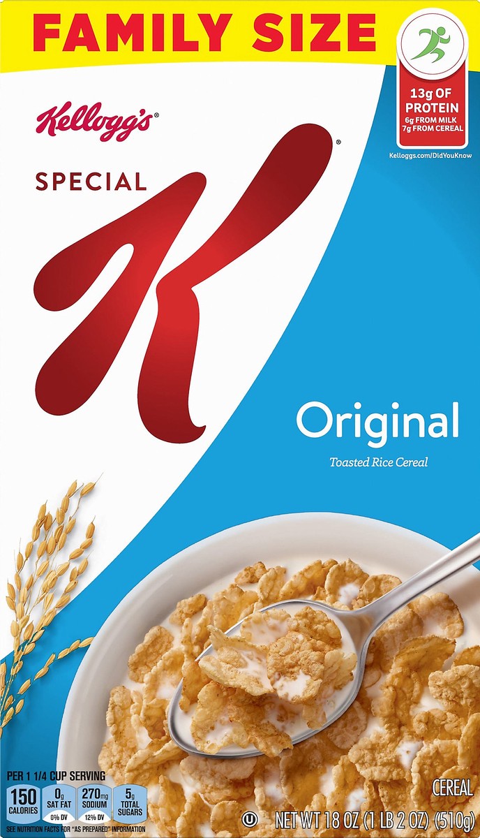 slide 2 of 7, Special K Cold Breakfast Cereal, 11 Vitamins and Minerals, 13g Protein, Family Size, Original, 18oz Box, 1 Box, 18 oz