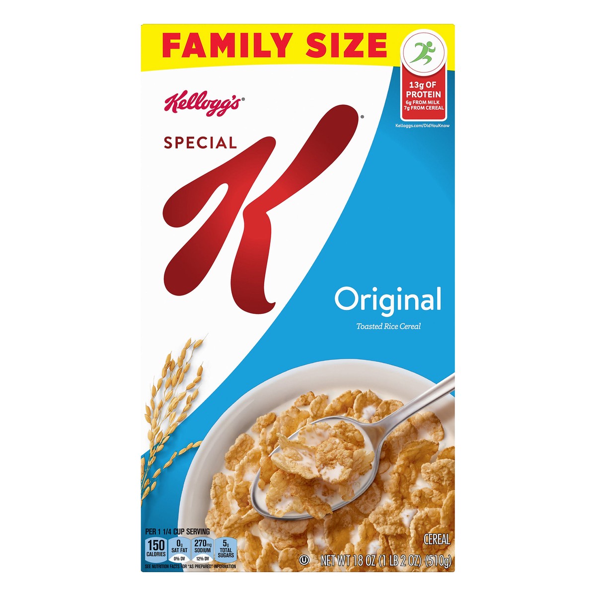 slide 1 of 7, Special K Cold Breakfast Cereal, 11 Vitamins and Minerals, 13g Protein, Family Size, Original, 18oz Box, 1 Box, 18 oz