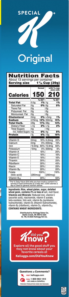 slide 7 of 7, Special K Cold Breakfast Cereal, 11 Vitamins and Minerals, 13g Protein, Family Size, Original, 18oz Box, 1 Box, 18 oz