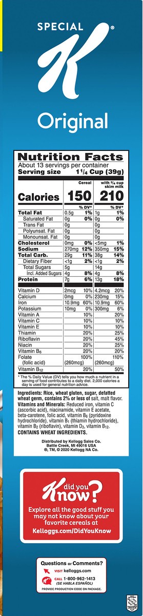 slide 3 of 7, Special K Cold Breakfast Cereal, 11 Vitamins and Minerals, 13g Protein, Family Size, Original, 18oz Box, 1 Box, 18 oz