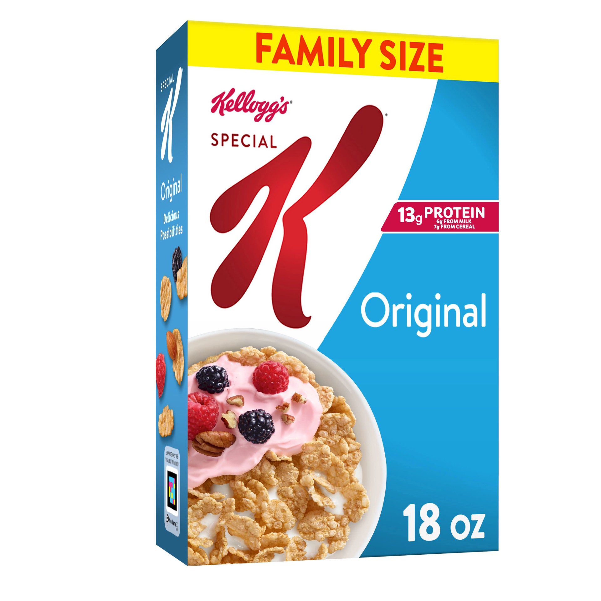 slide 1 of 7, Special K Cold Breakfast Cereal, 11 Vitamins and Minerals, 13g Protein, Family Size, Original, 18oz Box, 1 Box, 18 oz