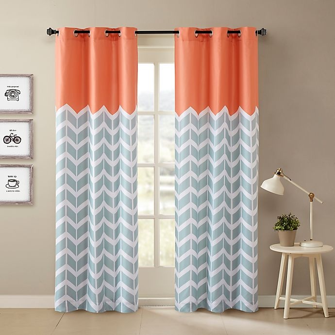 slide 1 of 3, Intelligent Design Alex Chevron Printed Grommet Top Window Curtain Panel Pair - Orange, 84 in