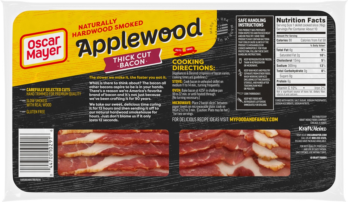 slide 6 of 9, Oscar Mayer Naturally Hardwood Smoked Thick Cut Applewood Bacon, 16 oz Pack, 16 oz