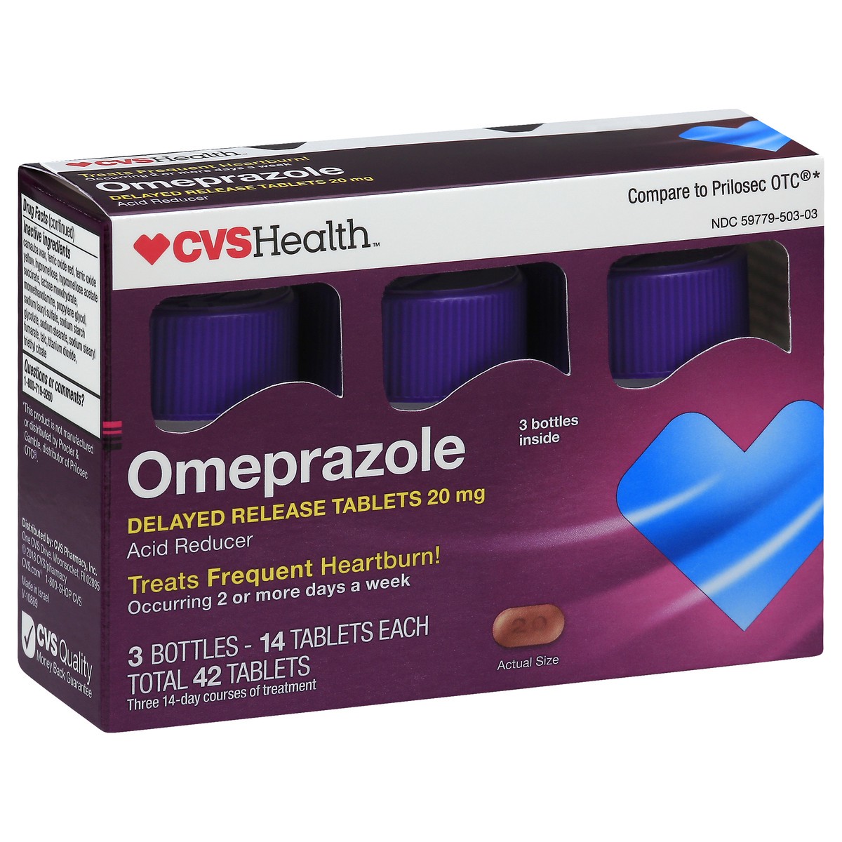 slide 8 of 11, CVS Health Omeprazole Delayed Release Tablets 20 Mg, 3 Bottles, 42 Ct, 42 ct