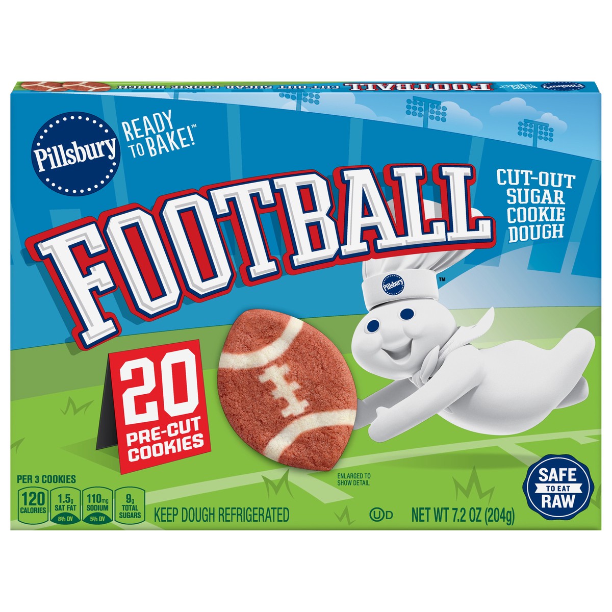 slide 1 of 12, Pillsbury Ready to Bake! Football Cut-Out Sugar Cookie Dough, 20 Pre-Cut Cookies, 7.2 oz, 20 ct