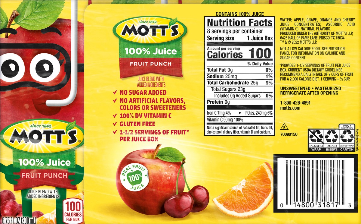 slide 3 of 7, Mott's 100% Fruit Punch Juice, 6.75 fl oz boxes, 8 pack, 8 ct; 6.75 fl oz