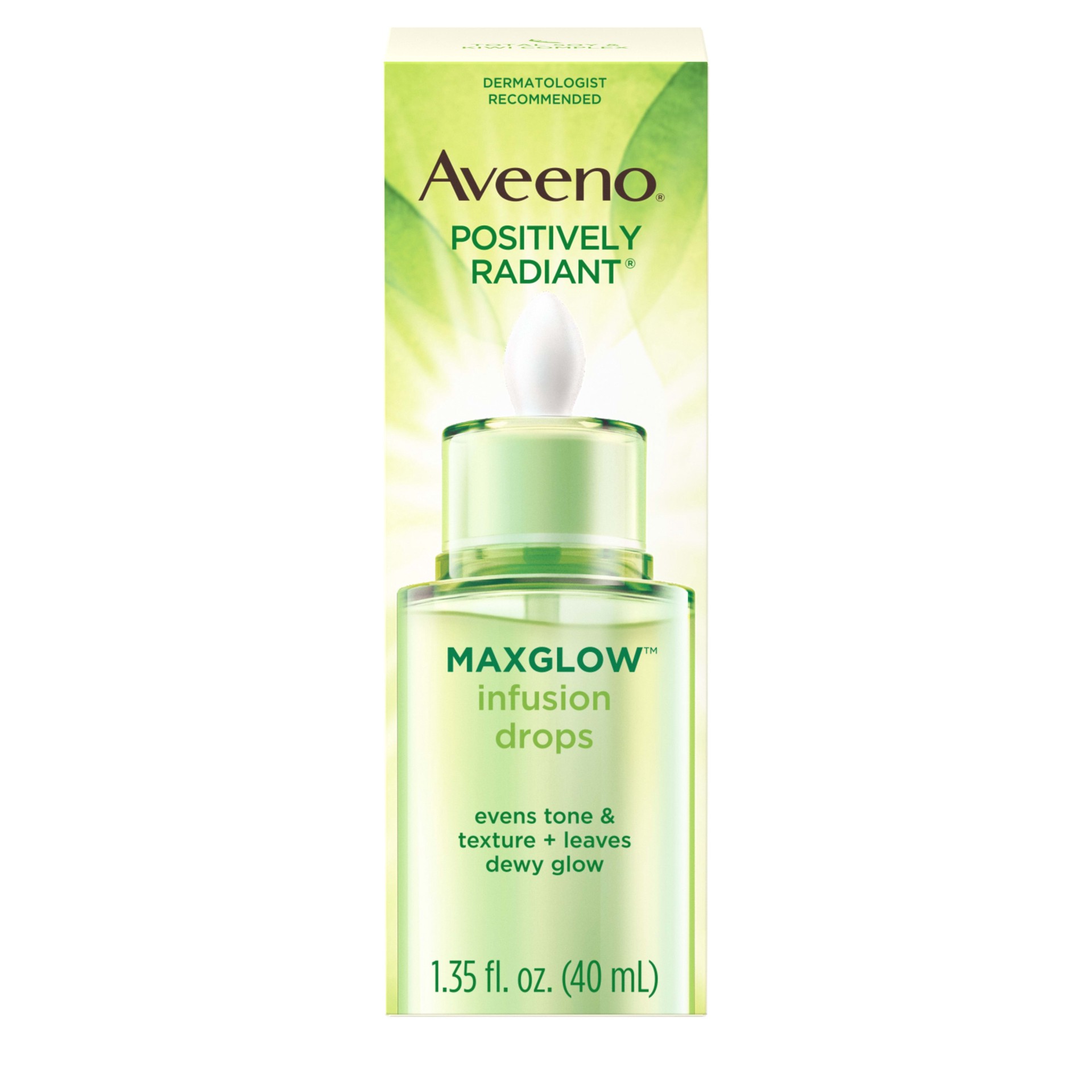 slide 1 of 6, Aveeno Positively Radiant MaxGlow Infusion Face Drops, Moisture Rich Soy & Kiwi Complex, Hypoallergenic, Non-Comedogenic, Paraben- & Phthalate-Free Moisturizing Facial Serum, 1.35 fl. oz, 1.35 oz