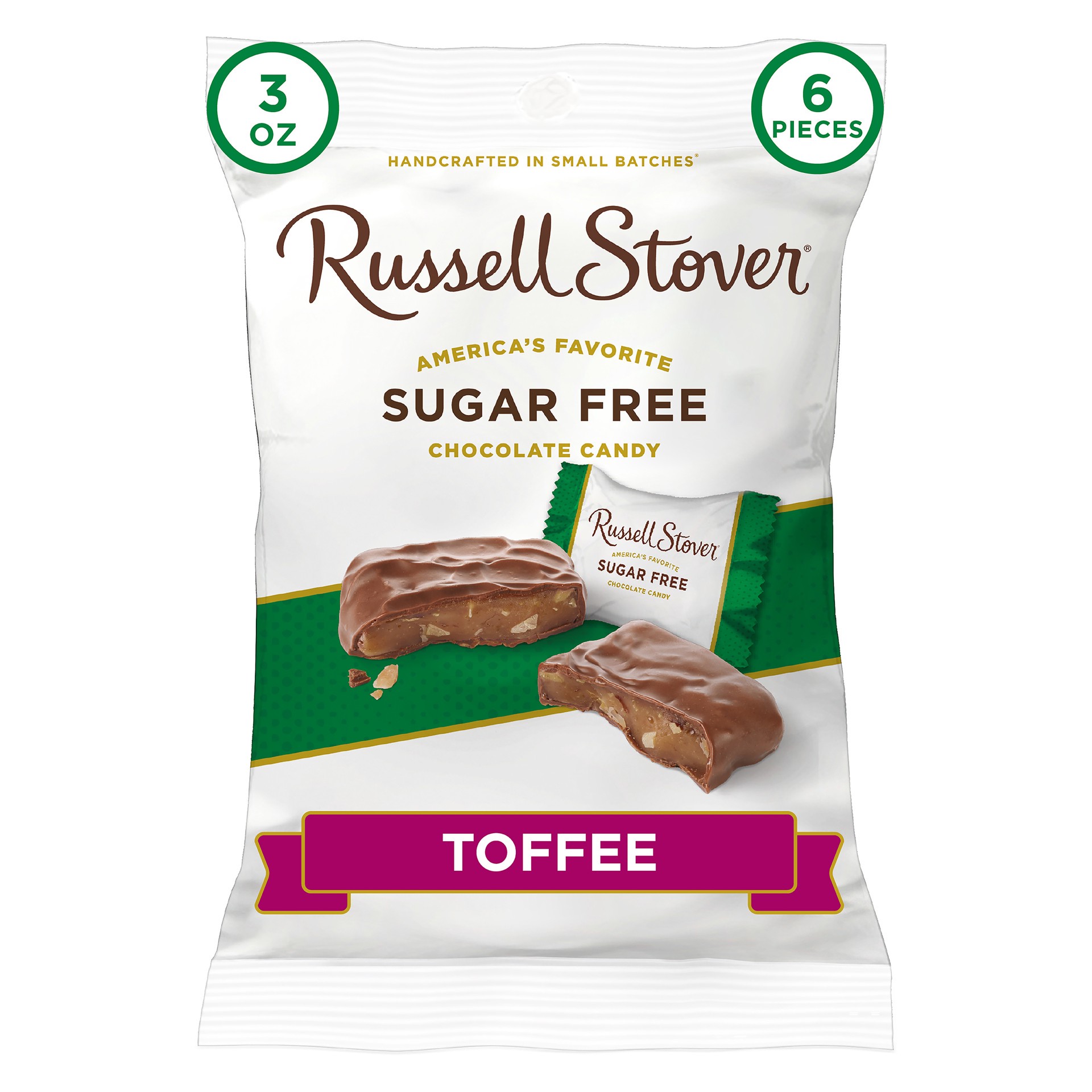 slide 1 of 8, RUSSELL STOVER Sugar Free Toffee Chocolate Candy, 3 oz. bag (˜ 6 pieces), 3 oz