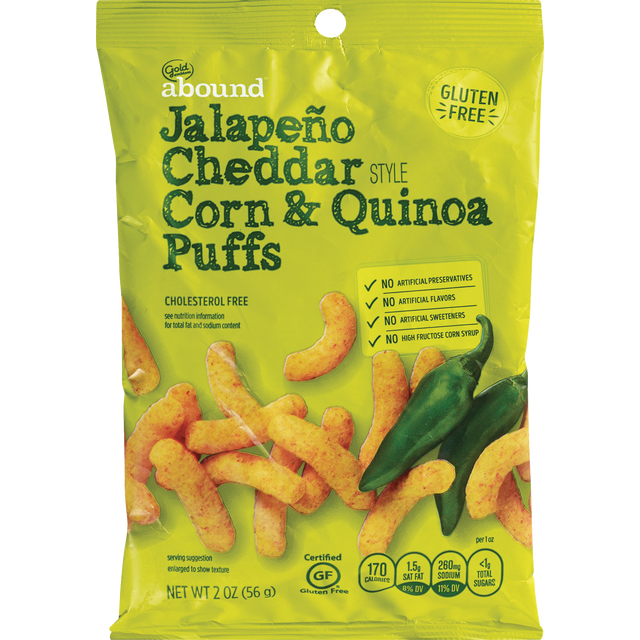 slide 1 of 1, GE ABOUND Gold Emblem Abound Corn&Quinoa Puffs Jalapeno Cheddar, 2 oz