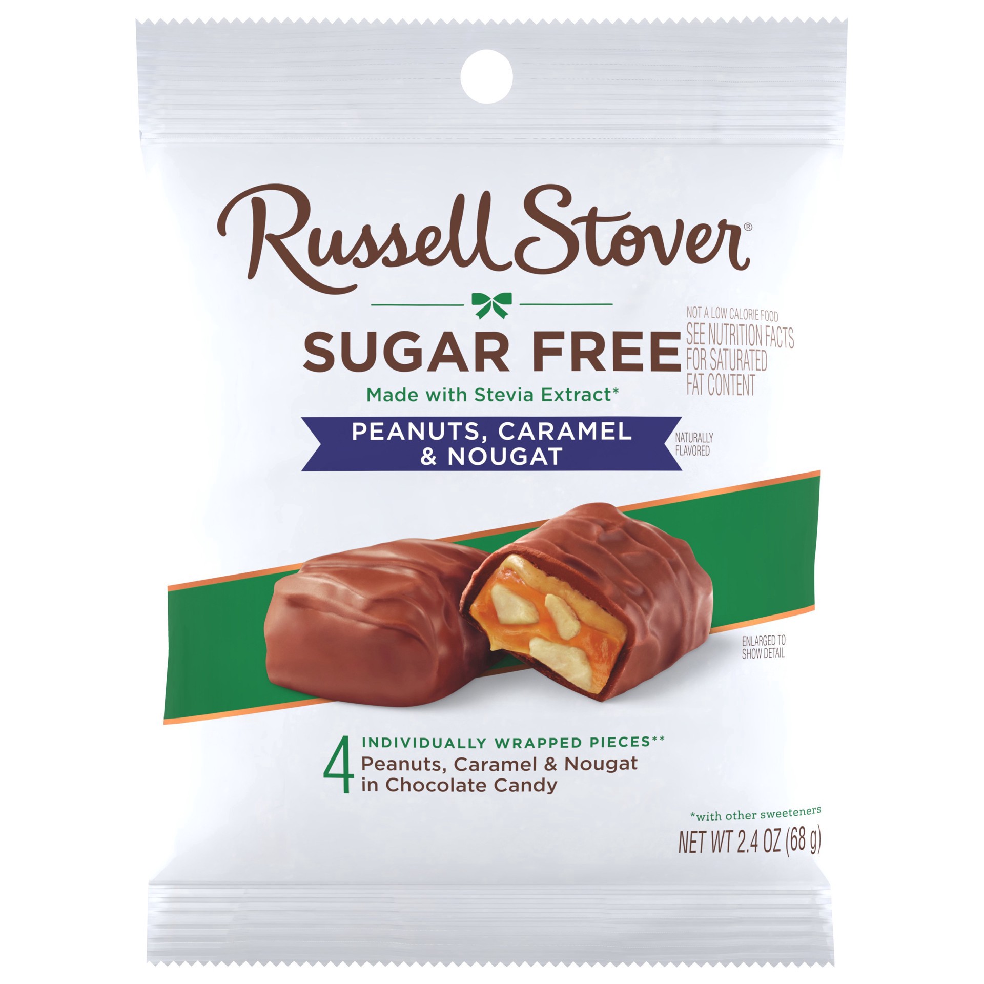 slide 1 of 6, RUSSELL STOVER Sugar Free Peanut, Caramel & Nougat Chocolate Candy, 2.4 oz. bag, 2.4 oz