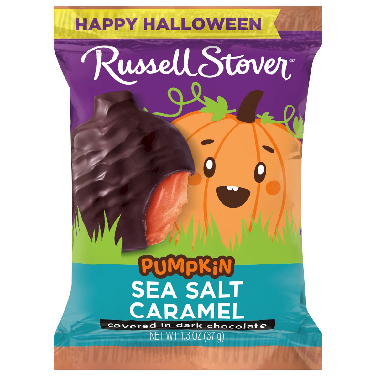 slide 1 of 3, RUSSELL STOVER Halloween Dark Chocolate Sea Salt Caramel Pumpkin, 1.3 oz., 1.3 oz