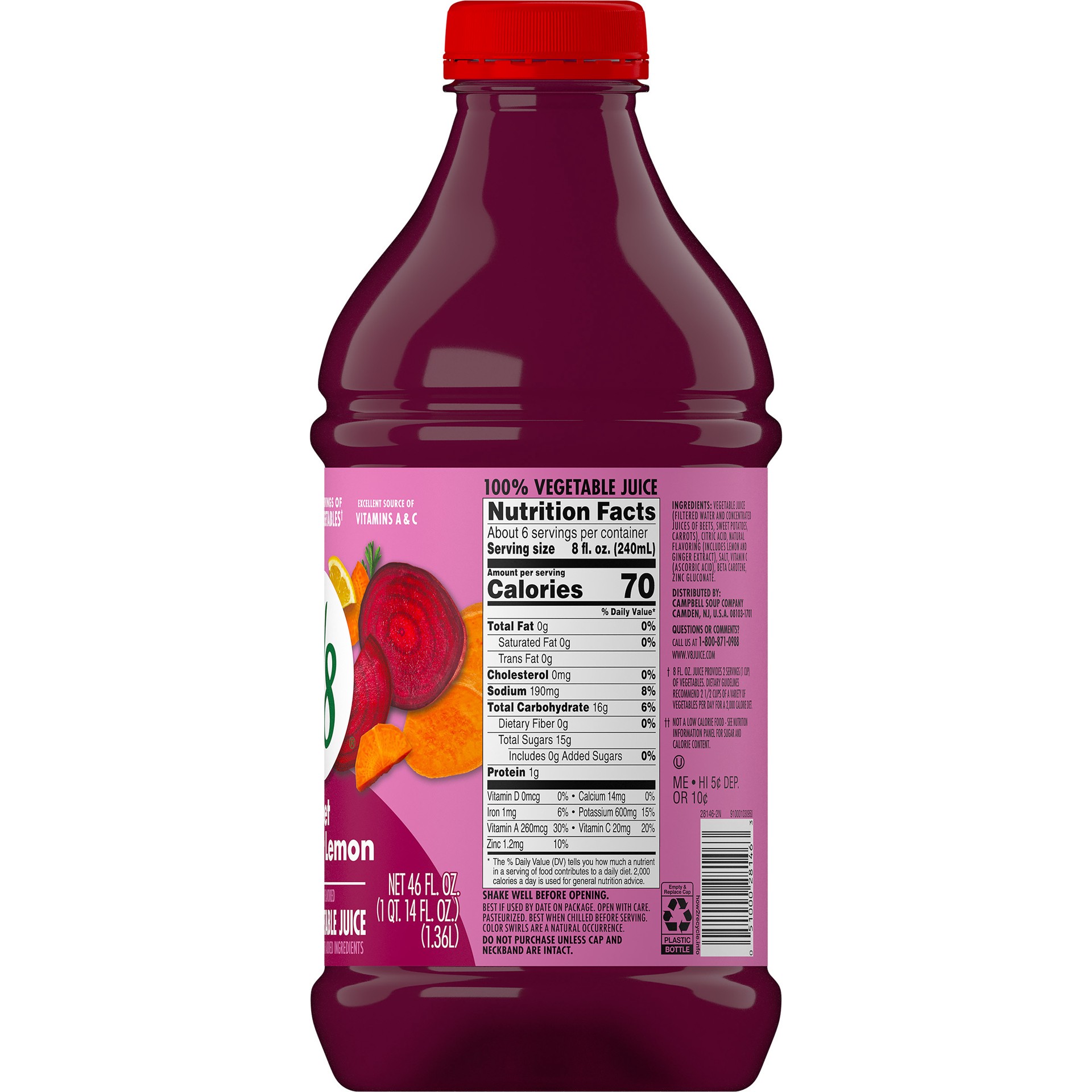 slide 3 of 5, V8 Beet Ginger Lemon 100% Vegetable Juice, 46 fl oz Bottle, 46 oz