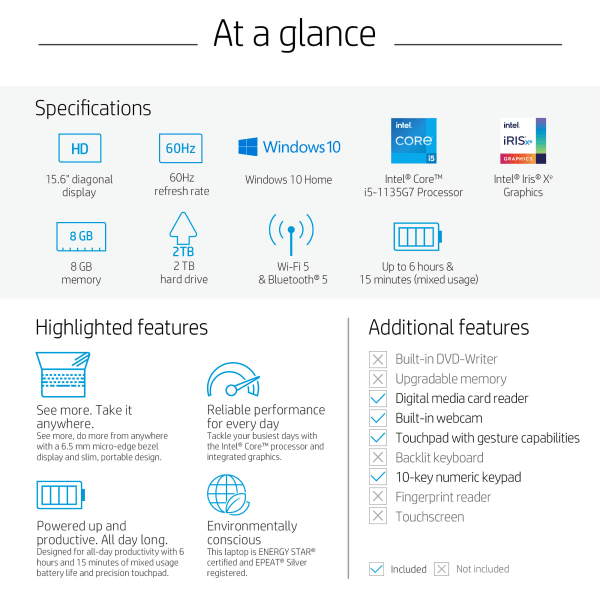 slide 6 of 9, HP 15-Dw3025Od Laptop, 15.6'' Screen, Intel Core I5, 8Gb Memory, 2Tb Hard Drive, Windows 10, 2Q3J4Ua#Aba, 1 ct