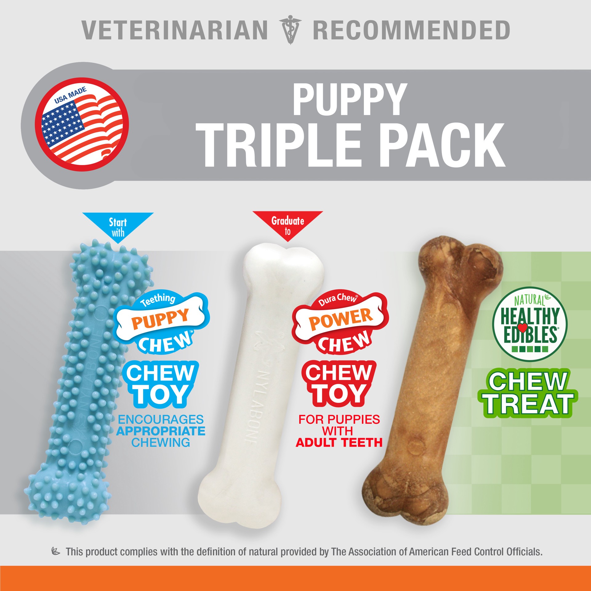 slide 5 of 10, Nylabone Puppy Chew Toys & Treat Triple Pack Chicken & Bacon Blue Small/Regular - Up to 25 Ibs.(3 Count), 3 ct
