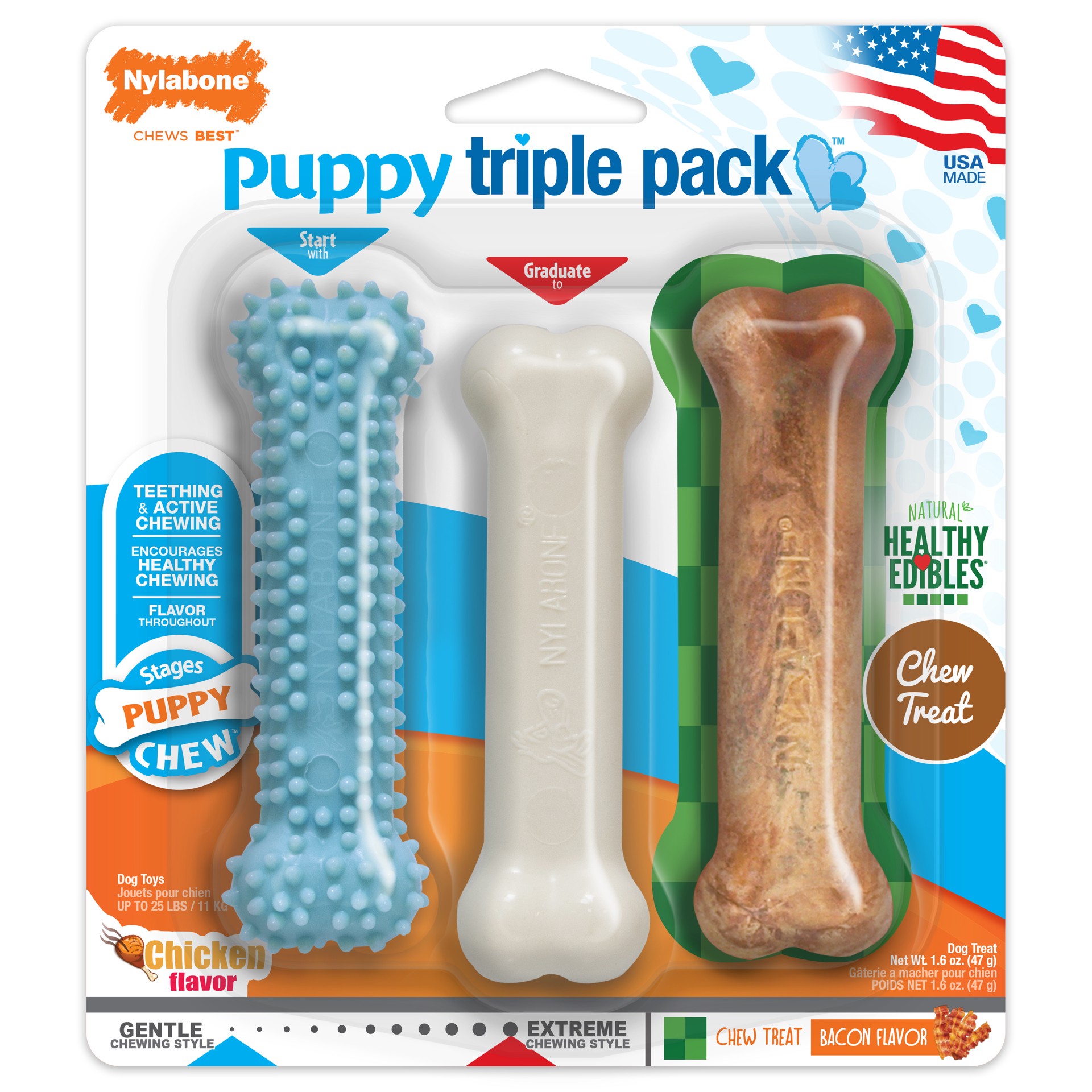 slide 1 of 10, Nylabone Puppy Chew Toys & Treat Triple Pack Chicken & Bacon Blue Small/Regular - Up to 25 Ibs.(3 Count), 3 ct