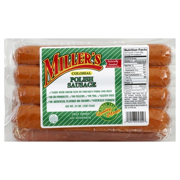 slide 1 of 1, Miller's Polish Sausage, 28 oz