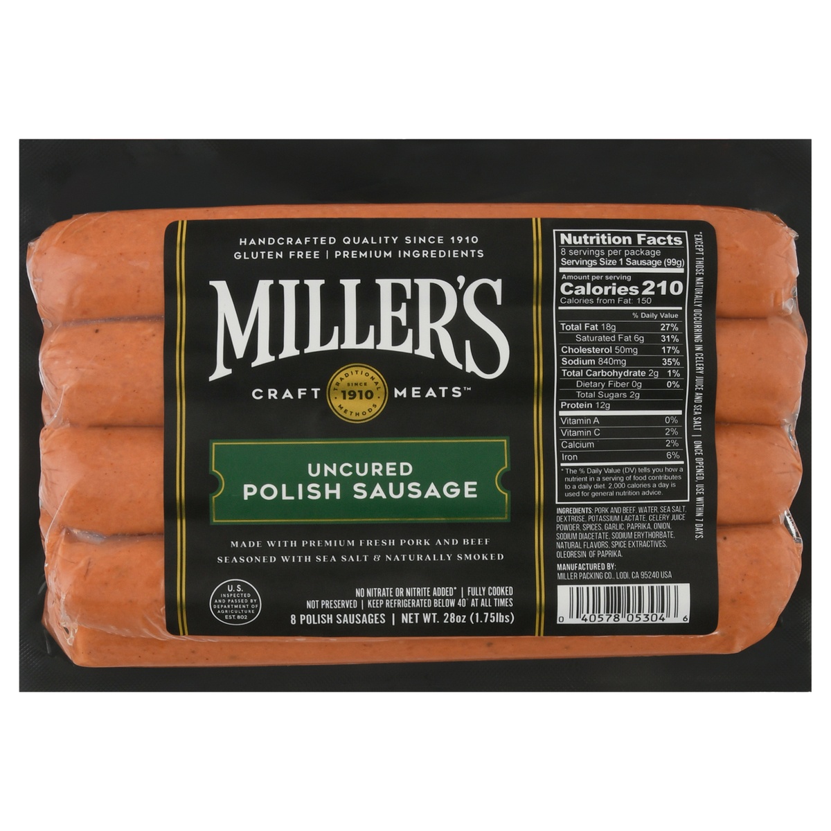 slide 1 of 1, Miller's Craft Meats Uncured Polish Sausage 8 ea, 