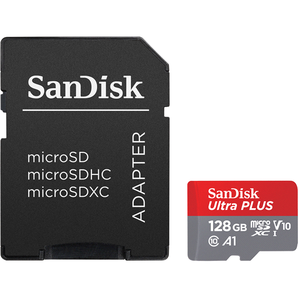 slide 1 of 1, SanDisk Ultra PLUS microSDXC UHS-I Card 128GB, 1 ct