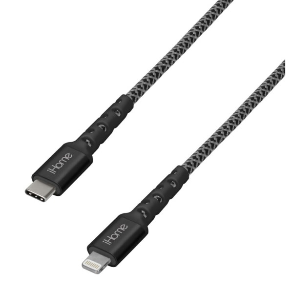 slide 1 of 2, iHome 6' Durastrain Lightning To Usb-C Nylon Charge And Sync Cable With Cable Wrap, Black, 2Ihlc1023B6L2, 6 ft