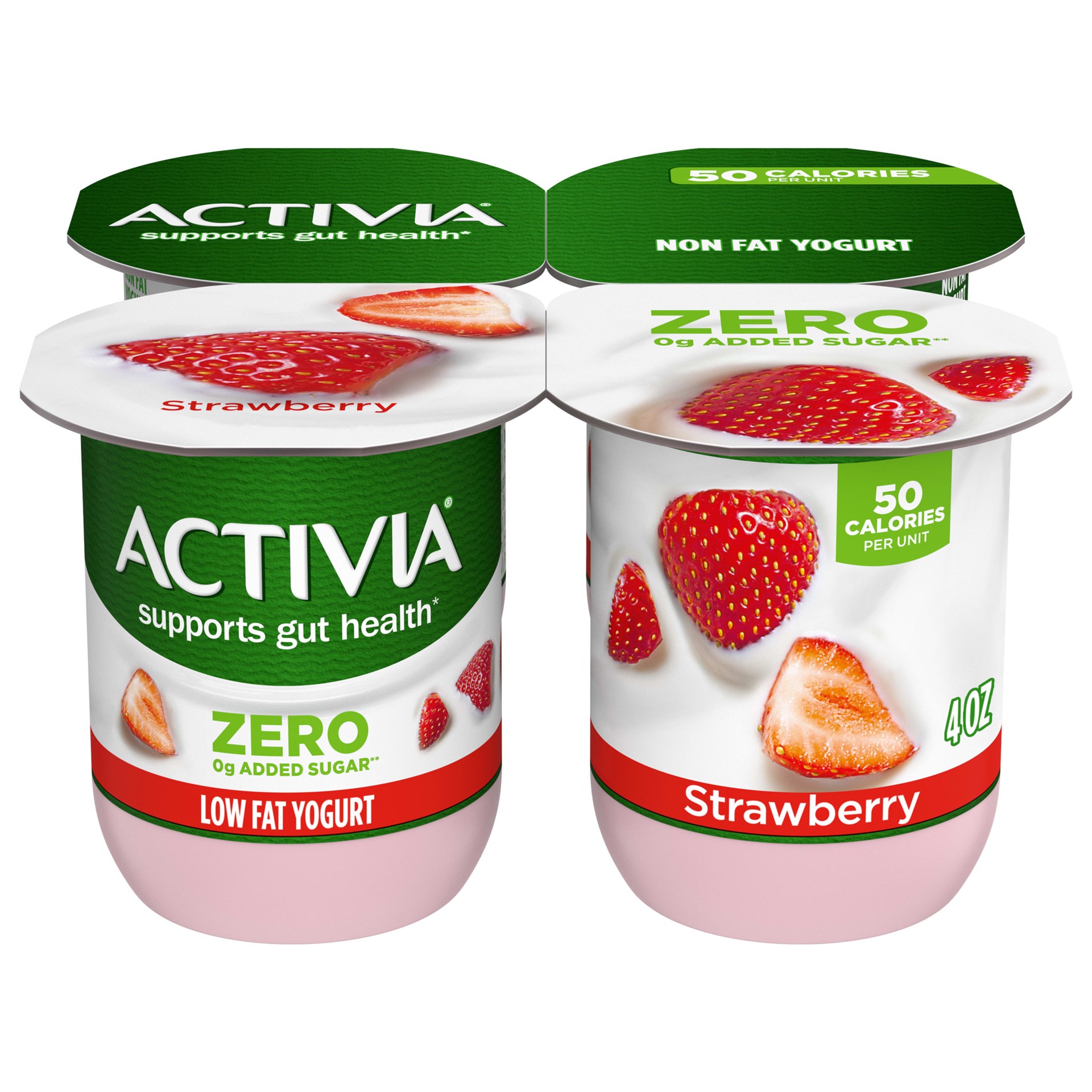 slide 1 of 4, Activia Zero 0g Added Sugar Strawberry Probiotic Yogurt, Creamy and Delicious Nonfat Yogurt, 4 Ct, 4 OZ Yogurt Cups, 4 oz