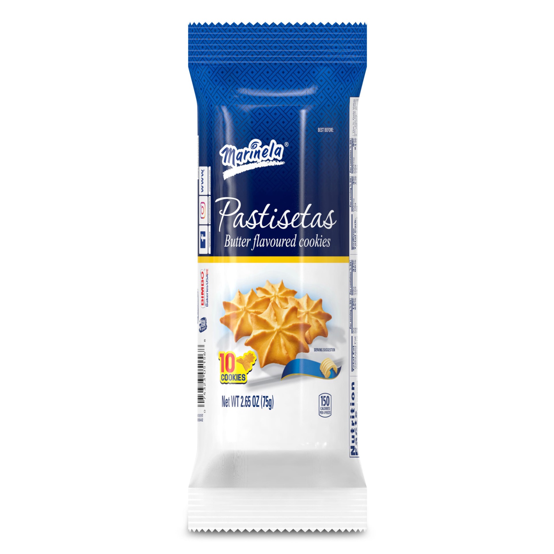 slide 1 of 1, Marinela Pastisetas Butter Flavored Cookies, 10 count, Cookies, 2.65 oz Bag, 10 ct