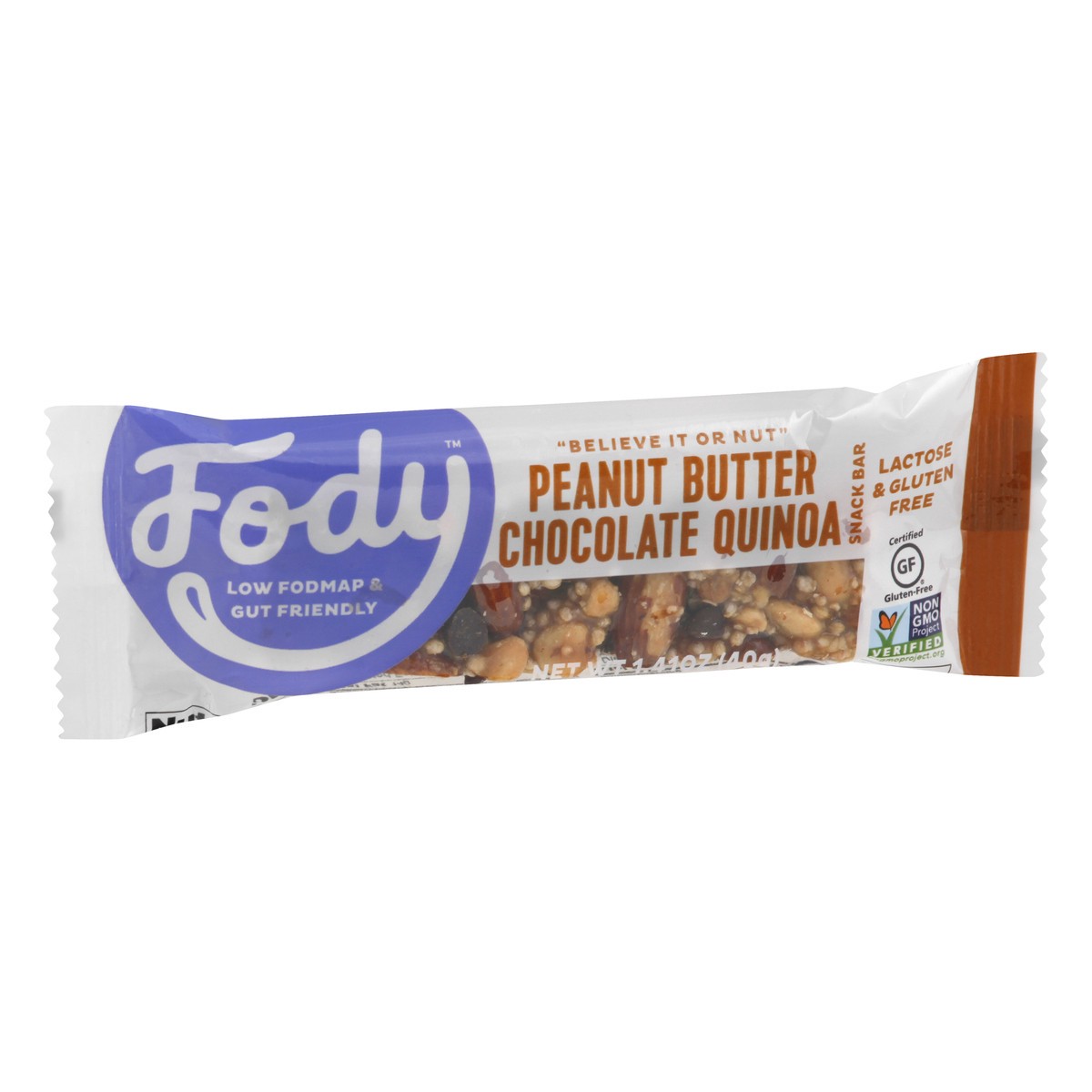 slide 5 of 9, Fody Peanut Butter Chocolate Quinoa Snack Bar 1.41 oz, 1 ct