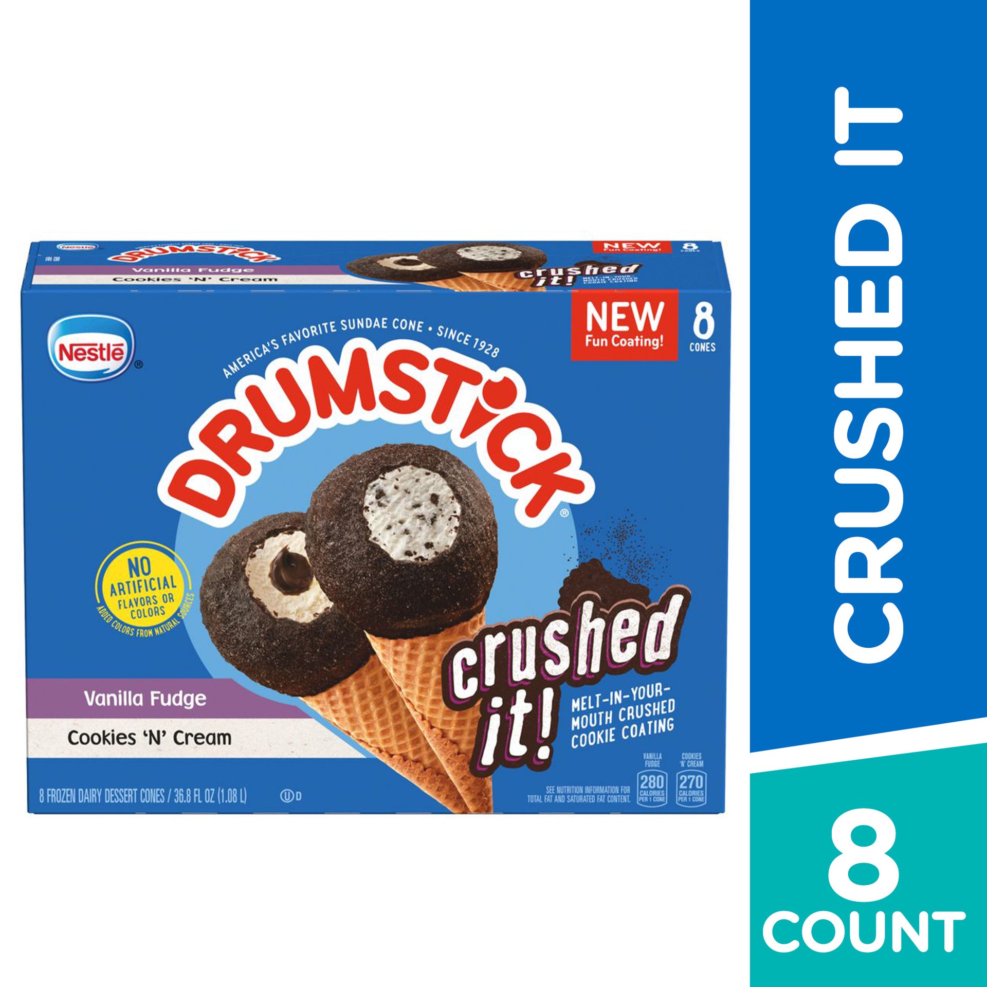 slide 2 of 5, Drumstick Crushed It Cookies & Cream, Vanilla Fudge Sundae Cones, 8 Count, 8 ct