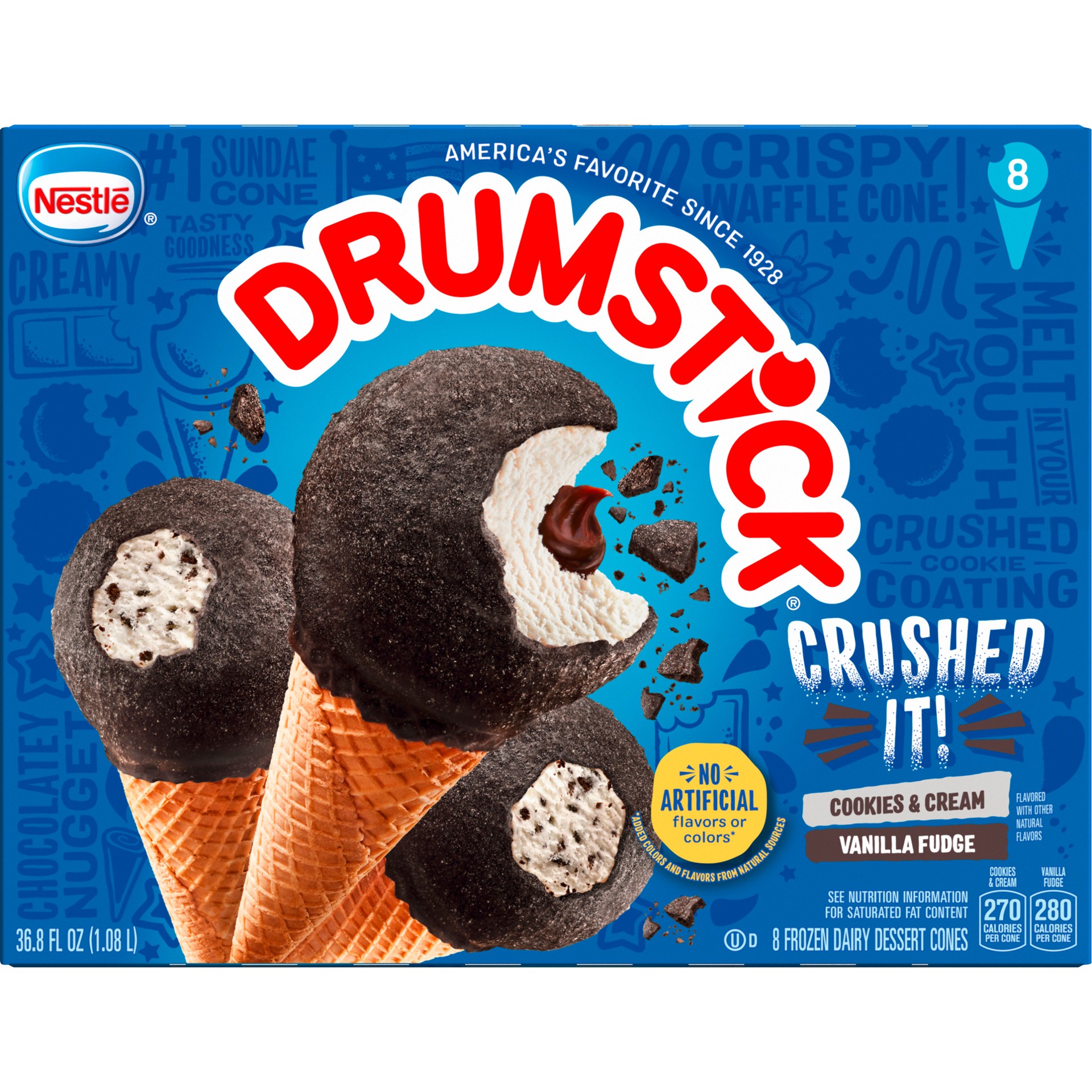 slide 1 of 5, Drumstick Crushed It Cookies & Cream, Vanilla Fudge Sundae Cones, 8 Count, 8 ct