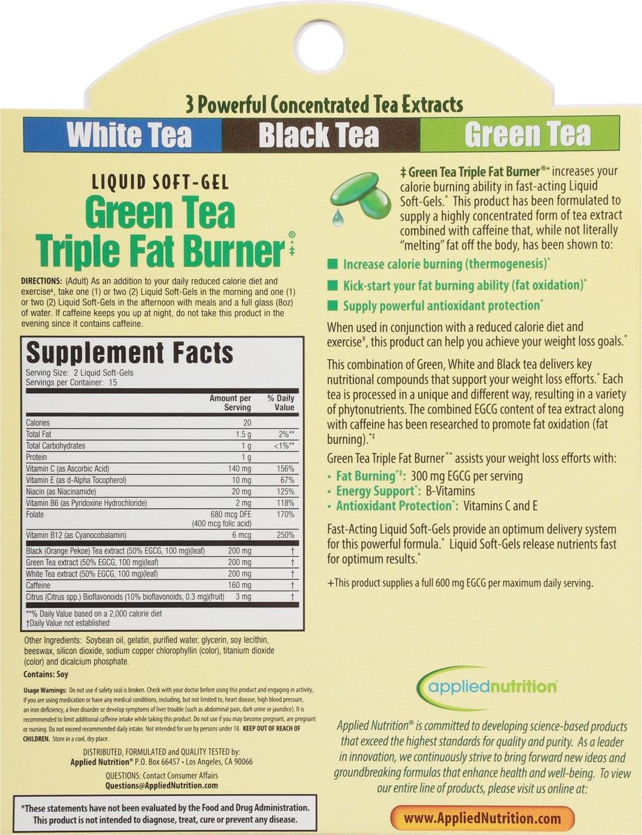 slide 7 of 9, Applied Nutrition Applied Nutrition Green Tea Maximum Strength Triple Fat Burner Dietary Supplement Liquid Soft Gels - 30 CT, 30 Each, 30 ct