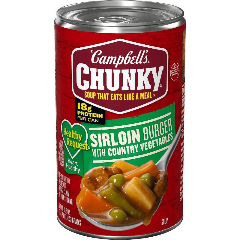 slide 1 of 5, Campbell's Chunky Healthy Request Soup, Sirloin Burger With Country Vegetable Beef Soup, 18.8 Oz, 1 ct