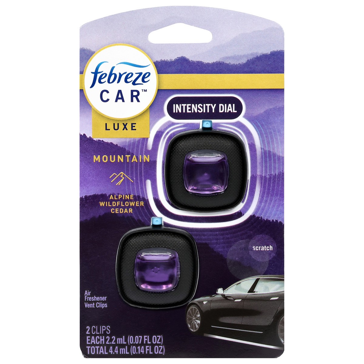 slide 4 of 4, Febreze Car Vent Clips Intensity Dial Mountain Air Freshener 2 - 0.07 fl oz Each, 2 ct