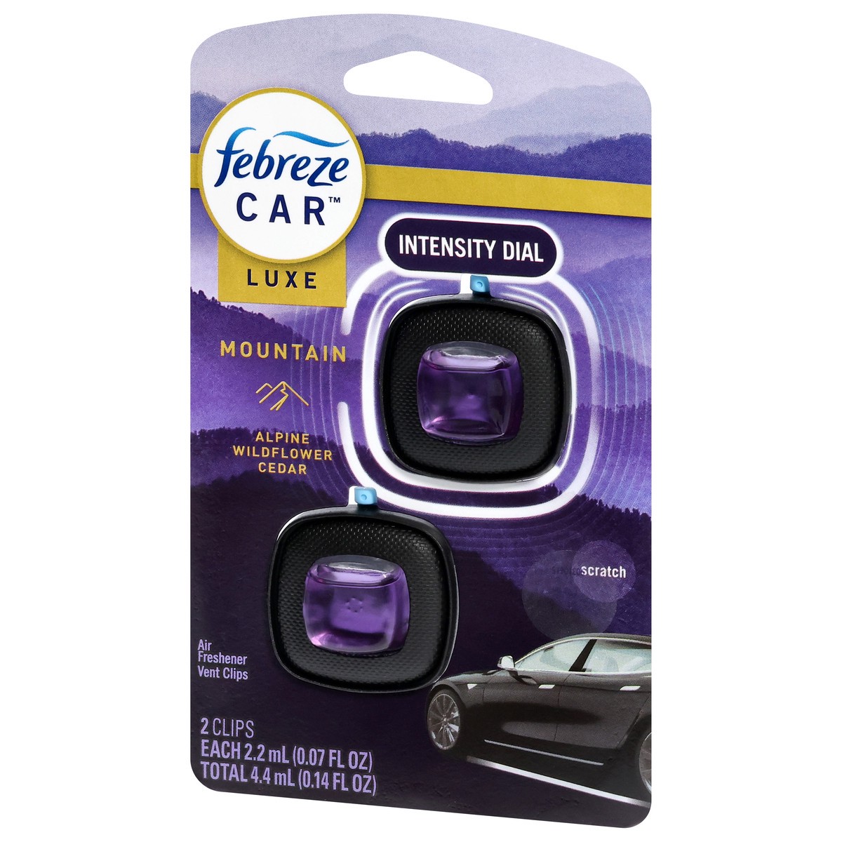 slide 2 of 4, Febreze Car Vent Clips Intensity Dial Mountain Air Freshener 2 - 0.07 fl oz Each, 2 ct