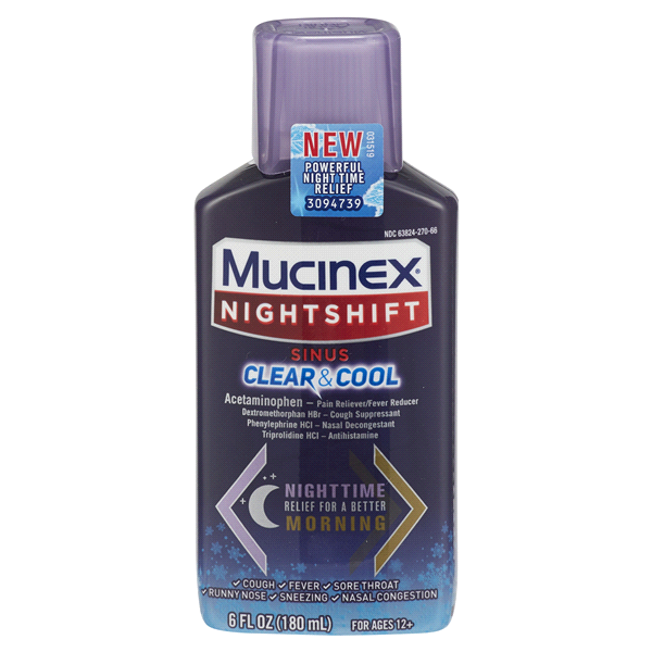 slide 1 of 1, Mucinex Sinus Adult Liquid Night Shift Clear & Cool, 6 oz