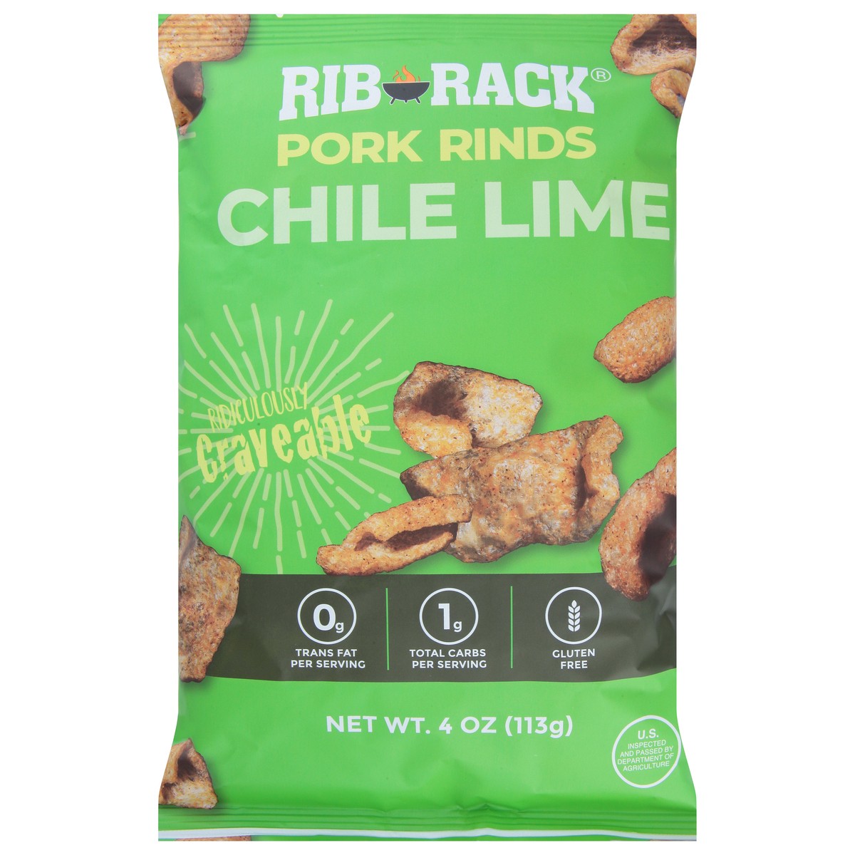 slide 1 of 9, Rib Rack Chile Lime Pork Rinds, 4 oz