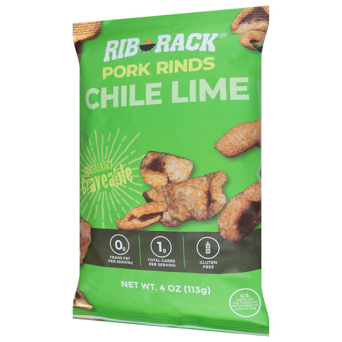 slide 3 of 9, Rib Rack Chile Lime Pork Rinds, 4 oz