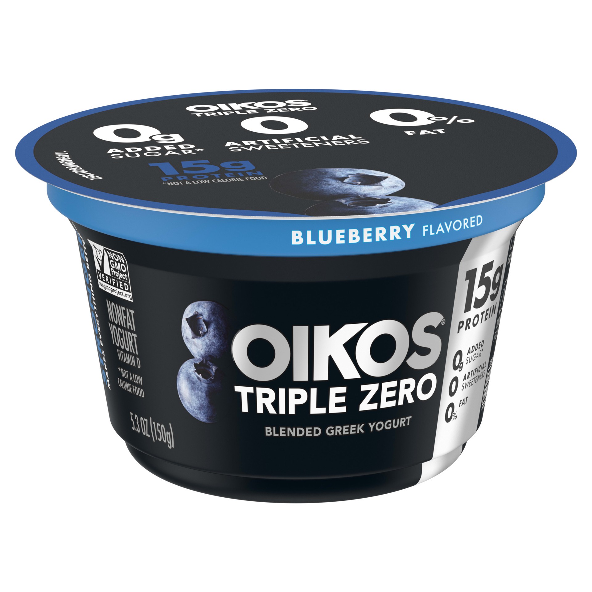 slide 2 of 5, Oikos Triple Zero Blueberry Nonfat Greek Yogurt, 0% Fat, 0g Added Sugar and 0 Artificial Sweeteners, Just Delicious High Protein Yogurt, 5.3 OZ Cup, 5.3 oz