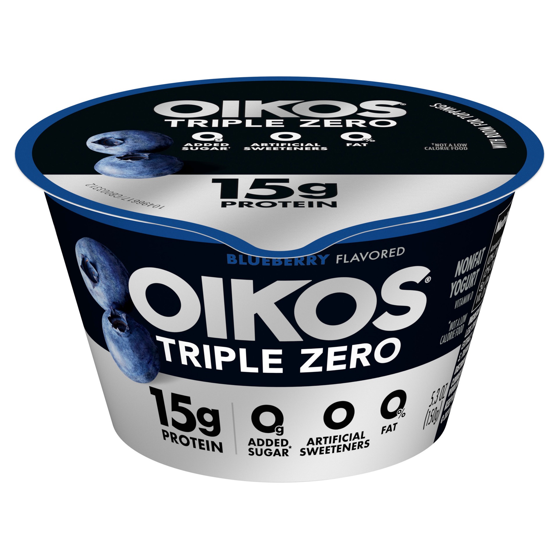 slide 1 of 5, Oikos Triple Zero Blueberry Nonfat Greek Yogurt, 0% Fat, 0g Added Sugar and 0 Artificial Sweeteners, Just Delicious High Protein Yogurt, 5.3 OZ Cup, 5.3 oz