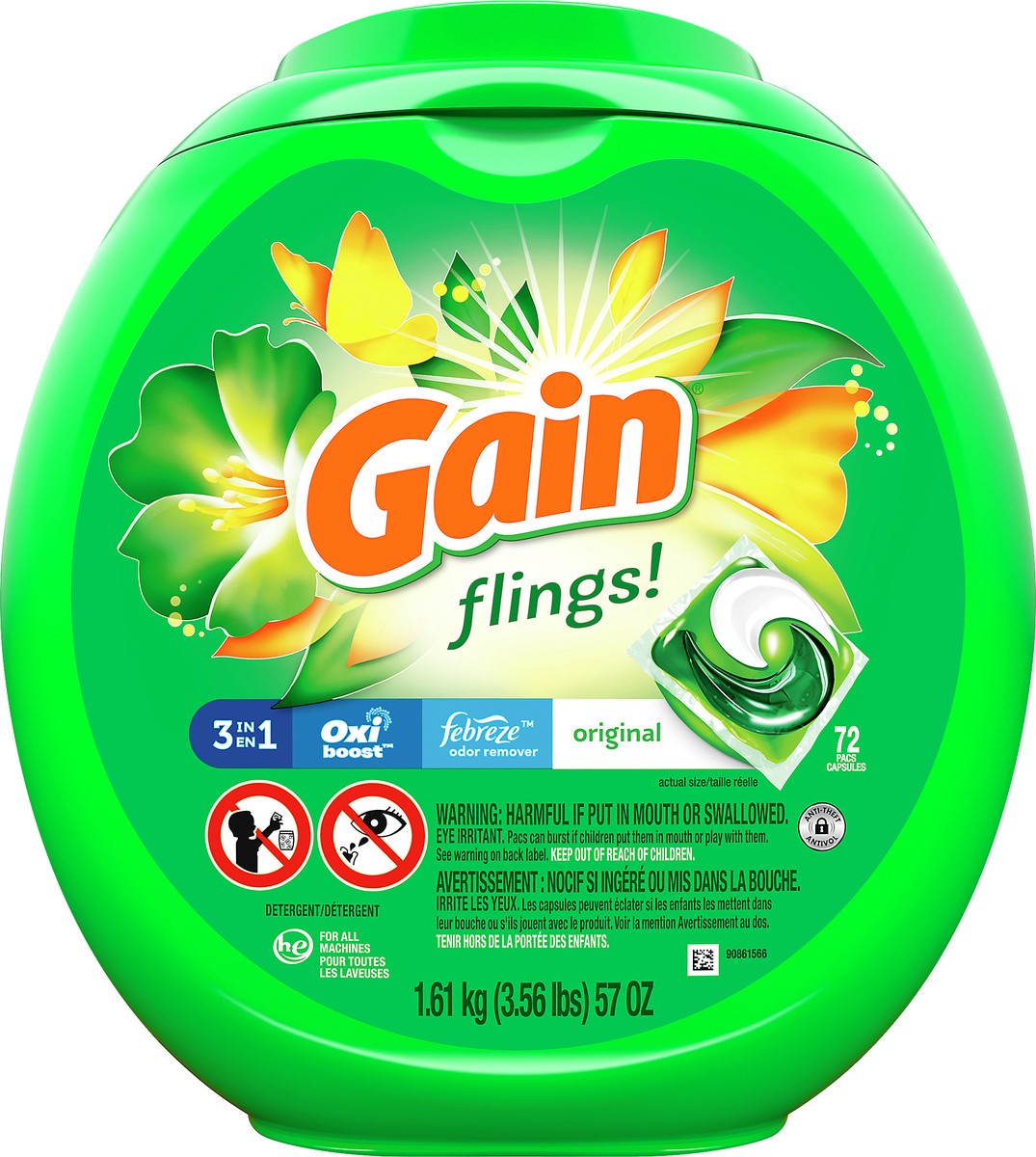 slide 2 of 6, Gain Flings Pacs Original Detergent 72 ea, 72 ct