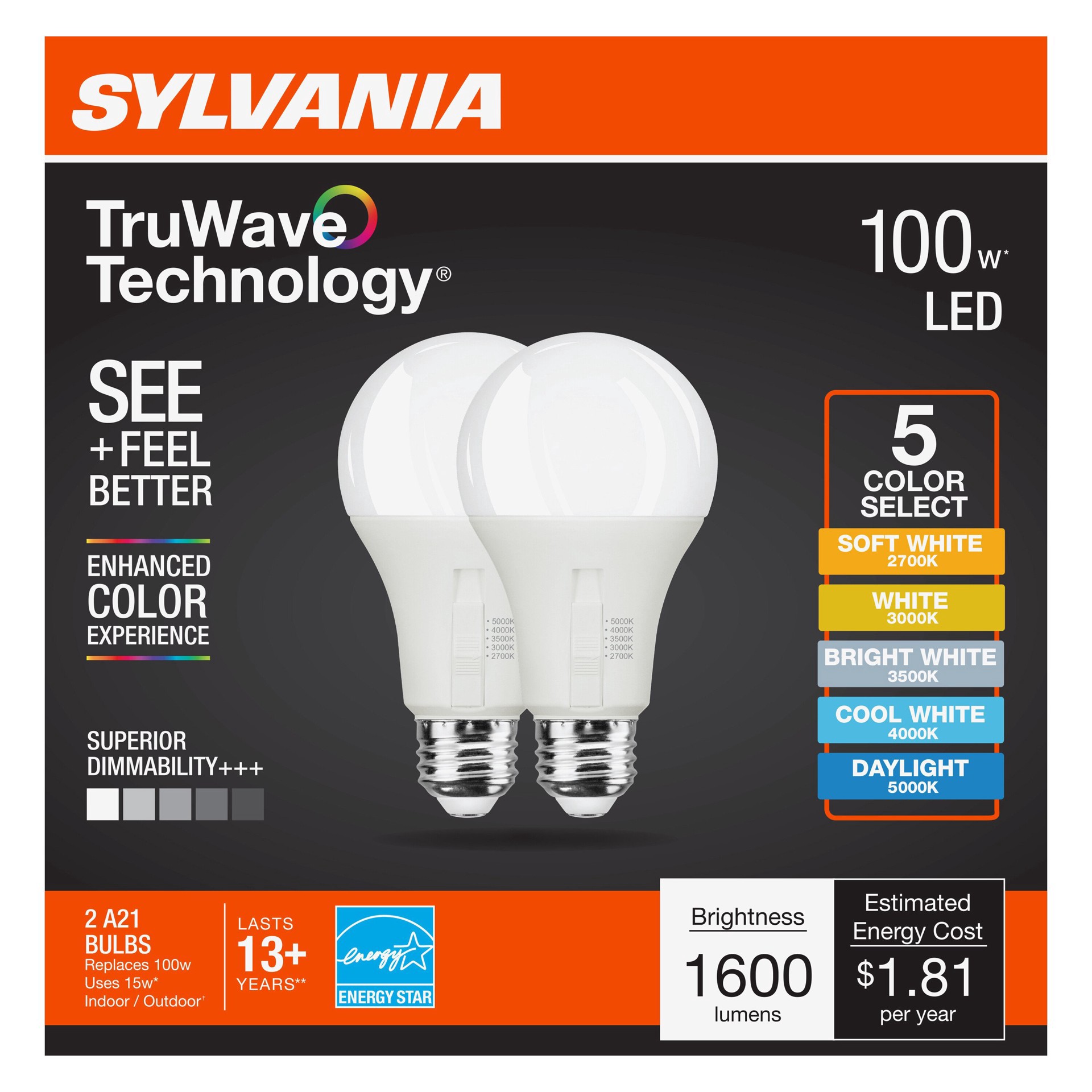 slide 1 of 1, Sylvania TruWave A21 100-Watt LED Light Bulbs, 2 ct