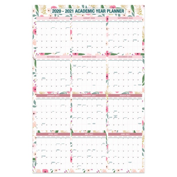 slide 1 of 2, Office Depot Reversible Erasable Academic/Regular Year Wall Calendar, 24'' X 36'', Floral, July 2020 To June 2021/January To December 2021, Odus1933-033, 1 ct