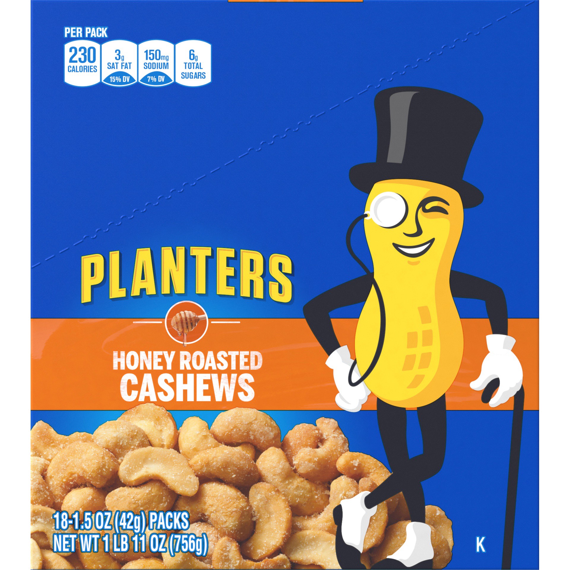 slide 5 of 10, Planters Honey Roasted Cashews, 18 ct Box, 1.5 oz Packs, 1.69 lb