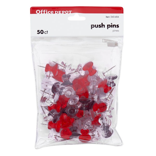 slide 1 of 1, Office Depot Brand Pushpins, 7/16'', Assorted Colors, Pack Of 50, 50 ct