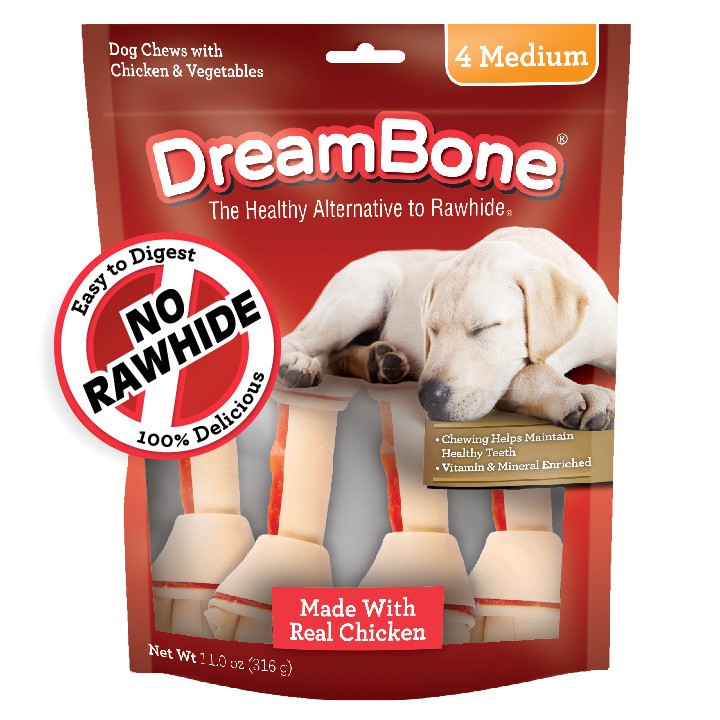 slide 1 of 11, DreamBone Medium Chews With Real Chicken 4 Count, Rawhide-Free, 0.75 lb