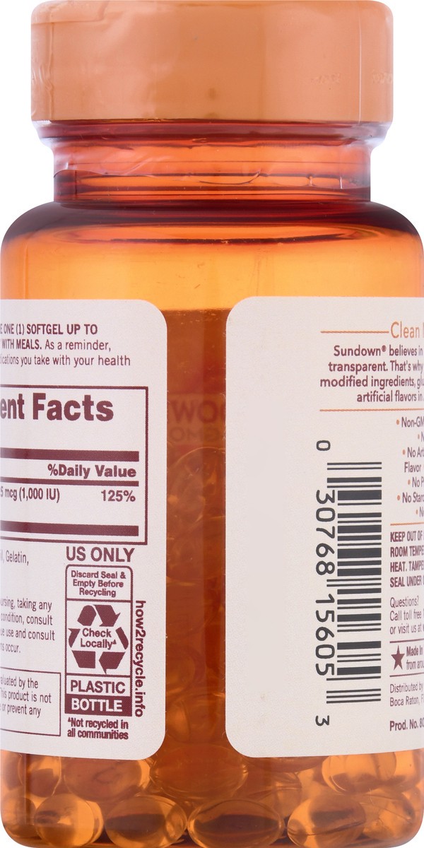 slide 8 of 9, Sundown Non-GMO 25 mcg Softgels Vitamin D3 200 ea, 200 ct