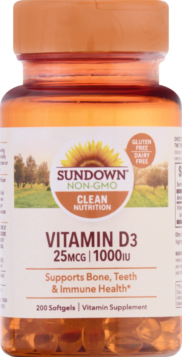 slide 6 of 9, Sundown Non-GMO 25 mcg Softgels Vitamin D3 200 ea, 200 ct