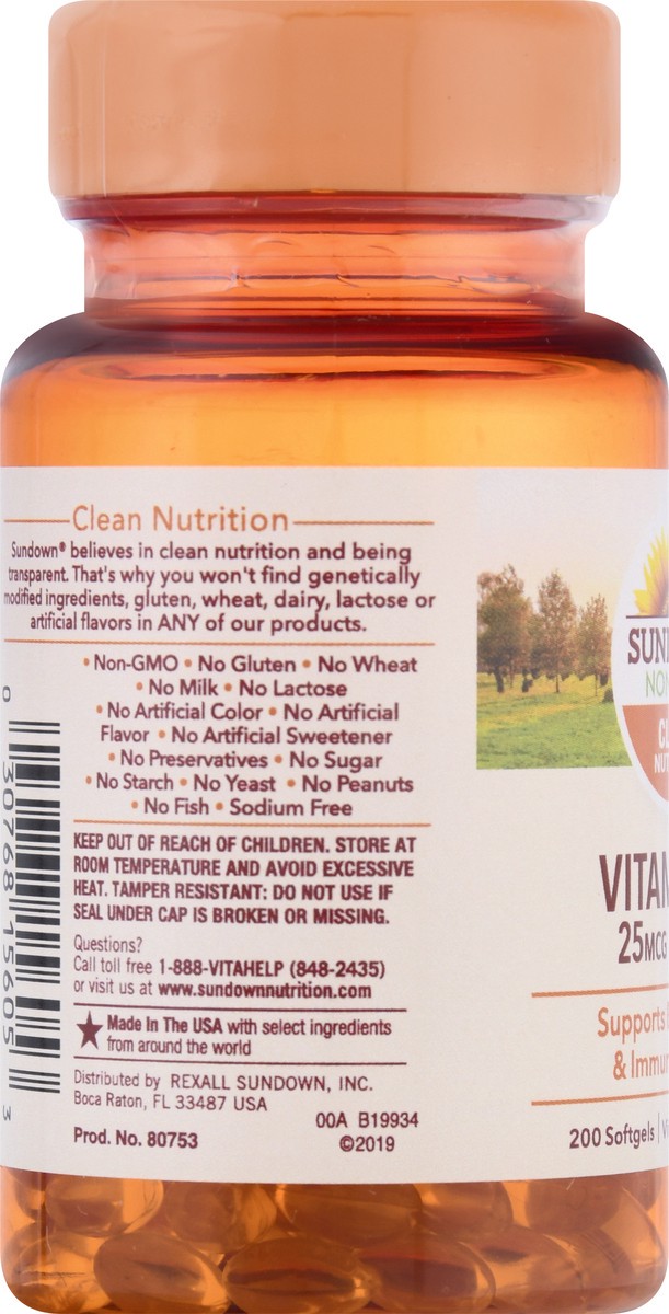 slide 2 of 9, Sundown Non-GMO 25 mcg Softgels Vitamin D3 200 ea, 200 ct