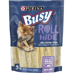 Busy Purina Busy Rawhide Small/Medium Breed Dog Bones, Rollhide - 9 ct. Pouch